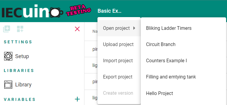 Open project, Upload, Import or Export a project - The Editor Platform - Create IECuino